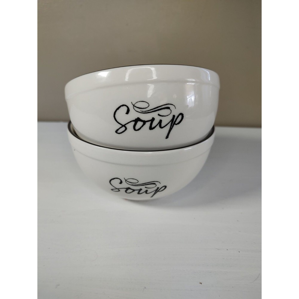 set of 2~Harry & David®️Farmhouse "Soup" Ceramic Cereal/Soup Bowls white